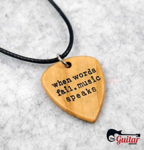When Words Fail Music Speaks Wood Necklace Guitar Pick