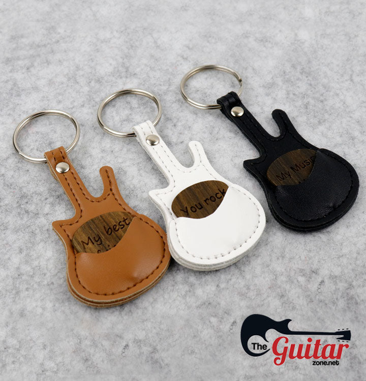 Beautiful Customized Wood Pick + Guitar Keychain Holder One Side / Olive Heart