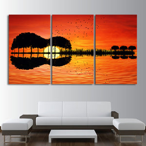 Canvas Wall Art Guitar Tree Lake Sunset