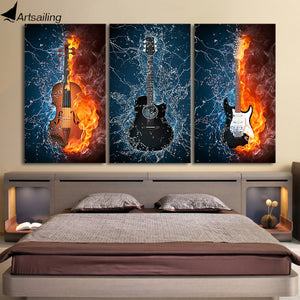 Canvas Art Burning Fire HD Print 3 Panels Guitar
