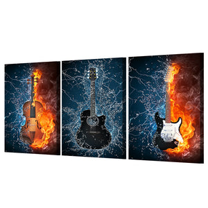 Canvas Art Burning Fire HD Print 3 Panels Guitar