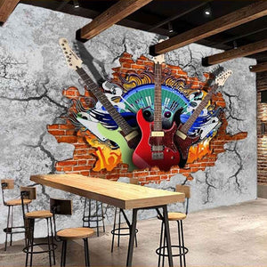 3D Guitar Rock Graffiti Art Broken Brick Wallpaper