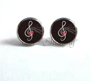 Glass Dome Music Notes Stud Earrings